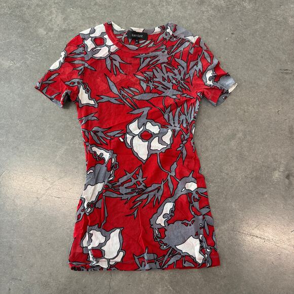 Vintage Y2K Micro Sheer Psychedelic Karen Kane Red Floral Abstract Graphic Tee M - Picture 1 of 5